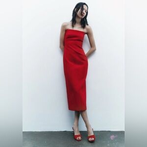 Zara Bloggers Fave Midi Shift Dress Bright Red Strapless Bodycon Dress size S